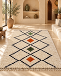 Handwoven Moroccan Beni Ourain Rug – White Wool Diamond Berber Carpet with Color Accents