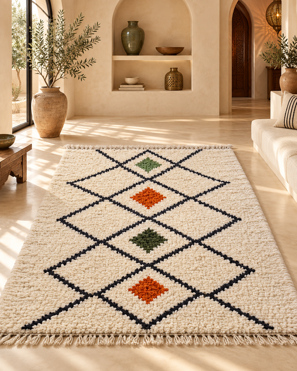 Handwoven Moroccan Beni Ourain Rug – White Wool Diamond Berber Carpet with Color Accents