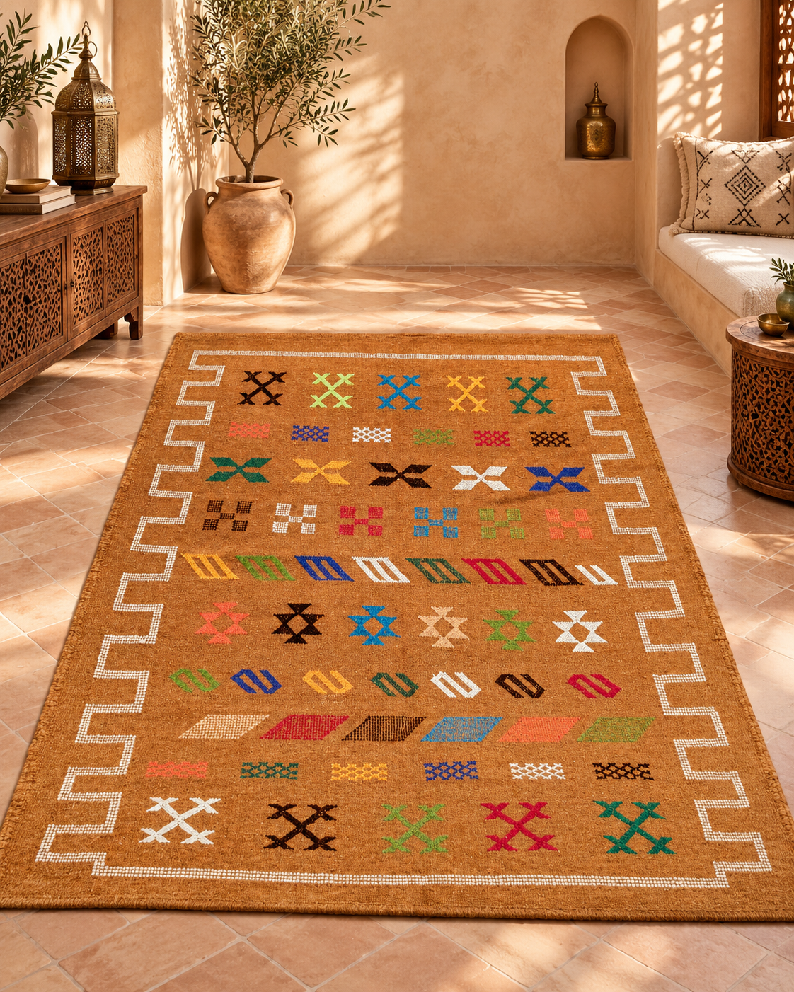 Authentic Moroccan Berber Rug – Mustard Wool Carpet with Traditional Amazigh Symbols