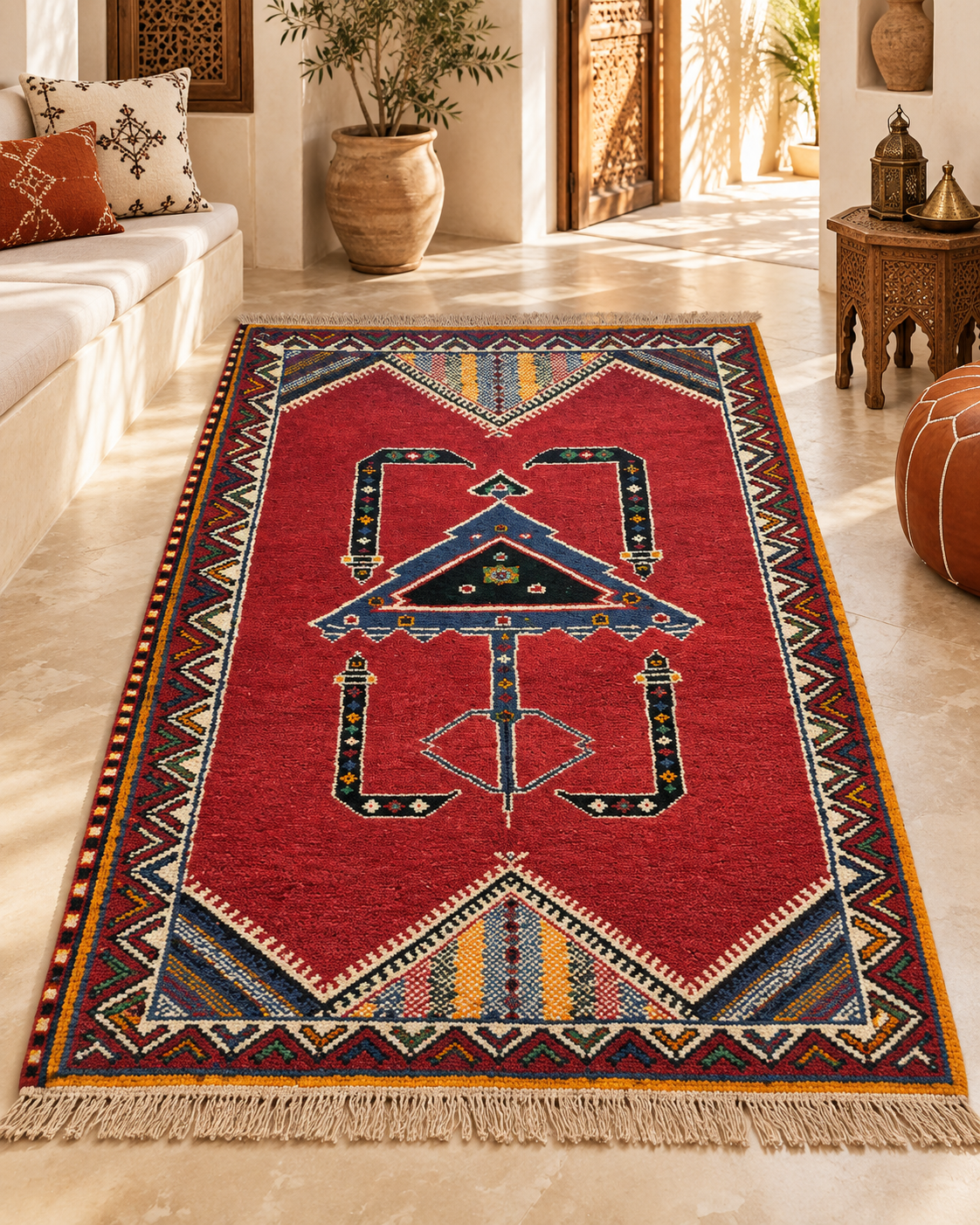 Red Moroccan Berber Rug – Traditional Amazigh Wool Carpet with Geometric Motifs