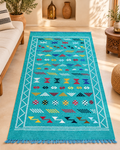 Turquoise Moroccan Berber Rug – Handmade Amazigh Wool Carpet with Colorful Symbols