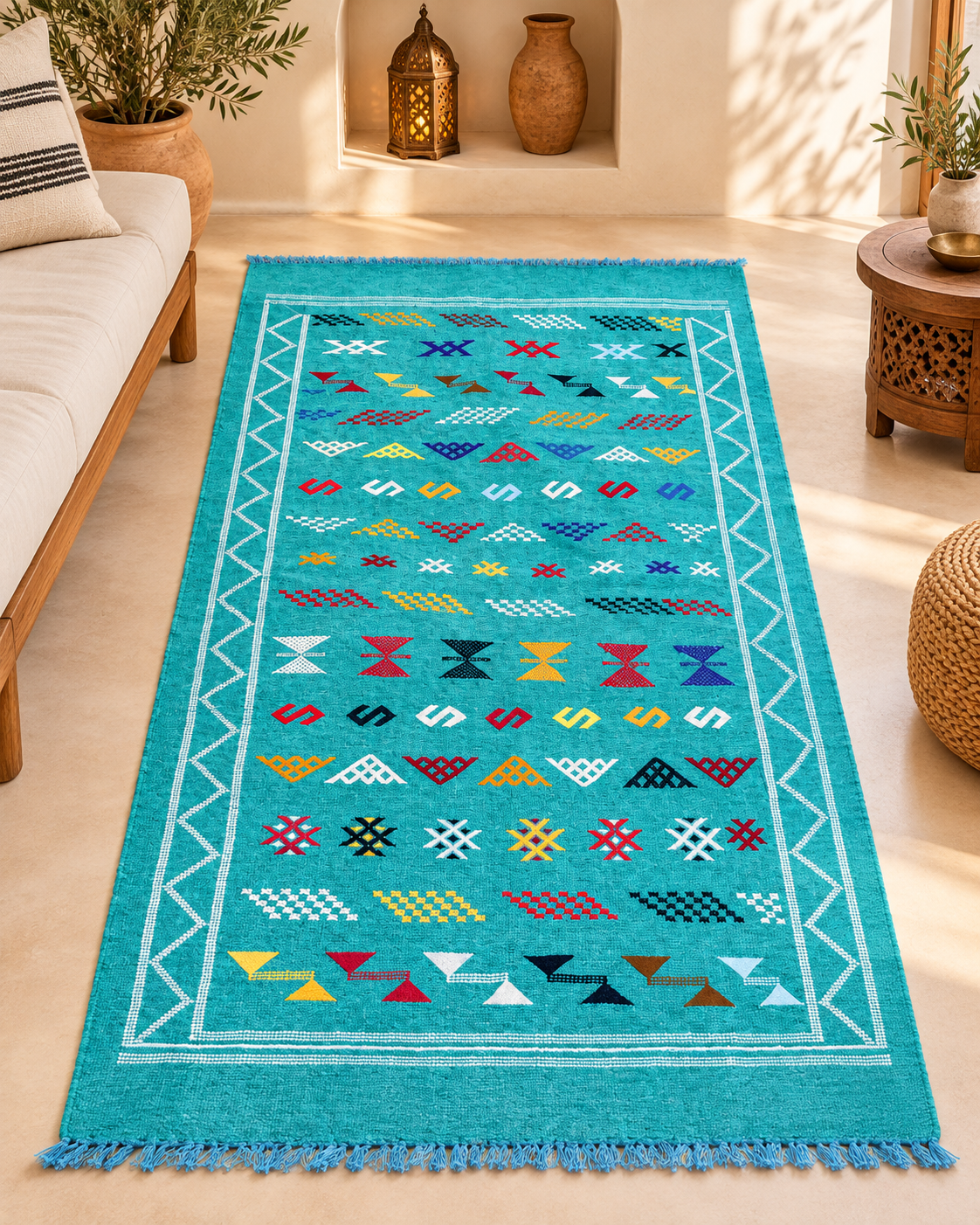 Turquoise Moroccan Berber Rug – Handmade Amazigh Wool Carpet with Colorful Symbols