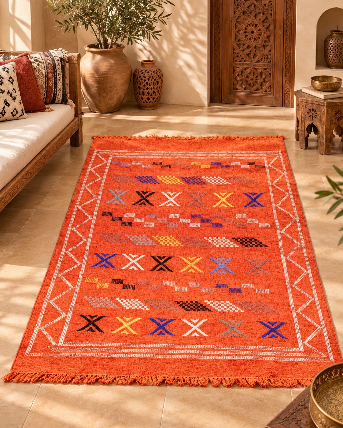 Orange Moroccan Berber Rug – Handmade Wool Carpet with Traditional Tribal Patterns