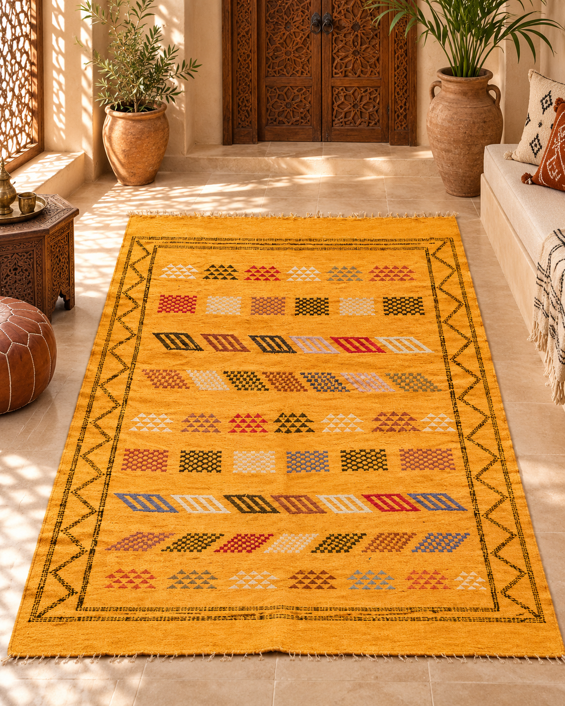 Golden Moroccan Berber Rug – Handmade Wool Carpet with Minimal Amazigh Patterns