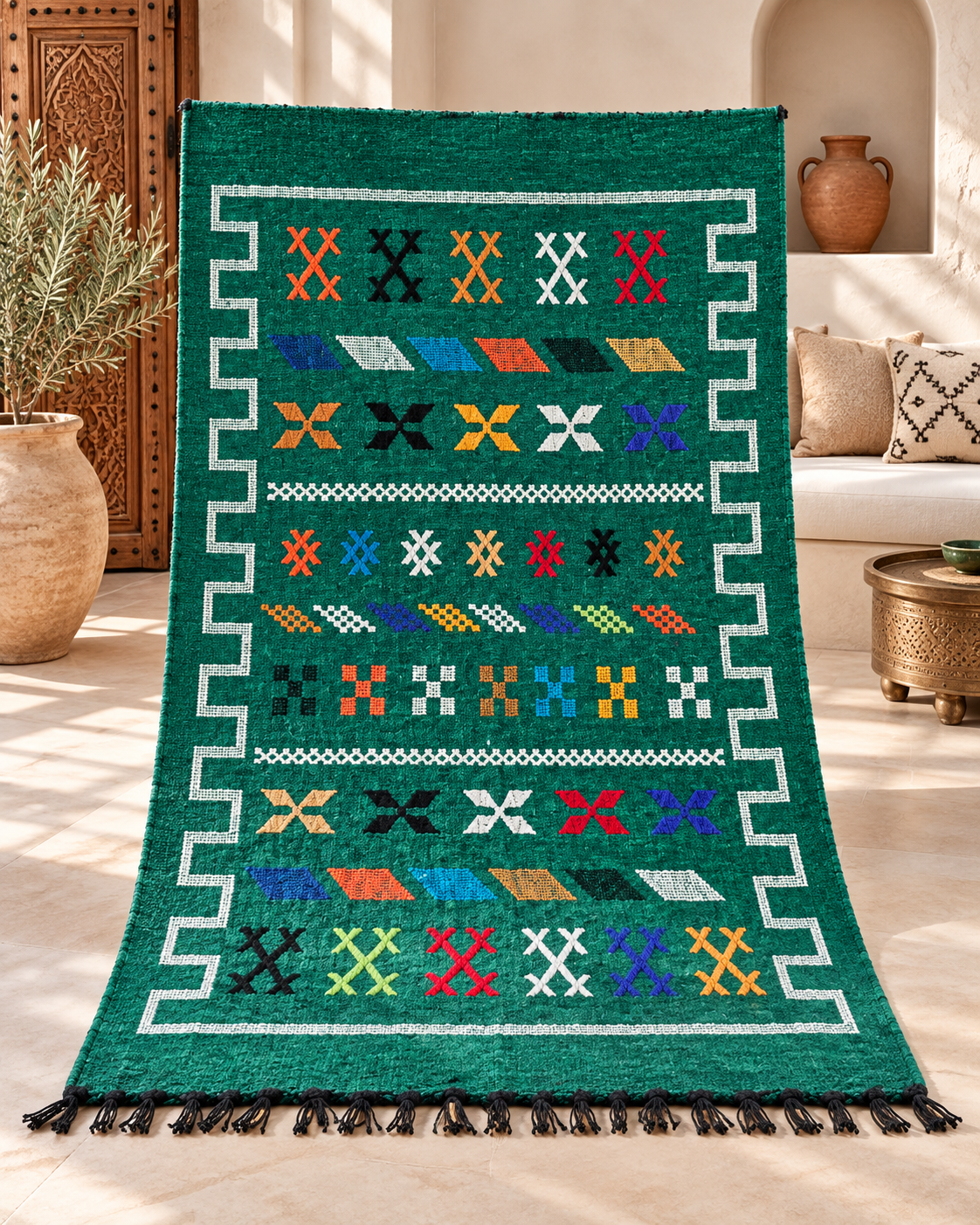 Emerald Green Moroccan Rug – Handmade Amazigh Wool Carpet with Traditional Symbols