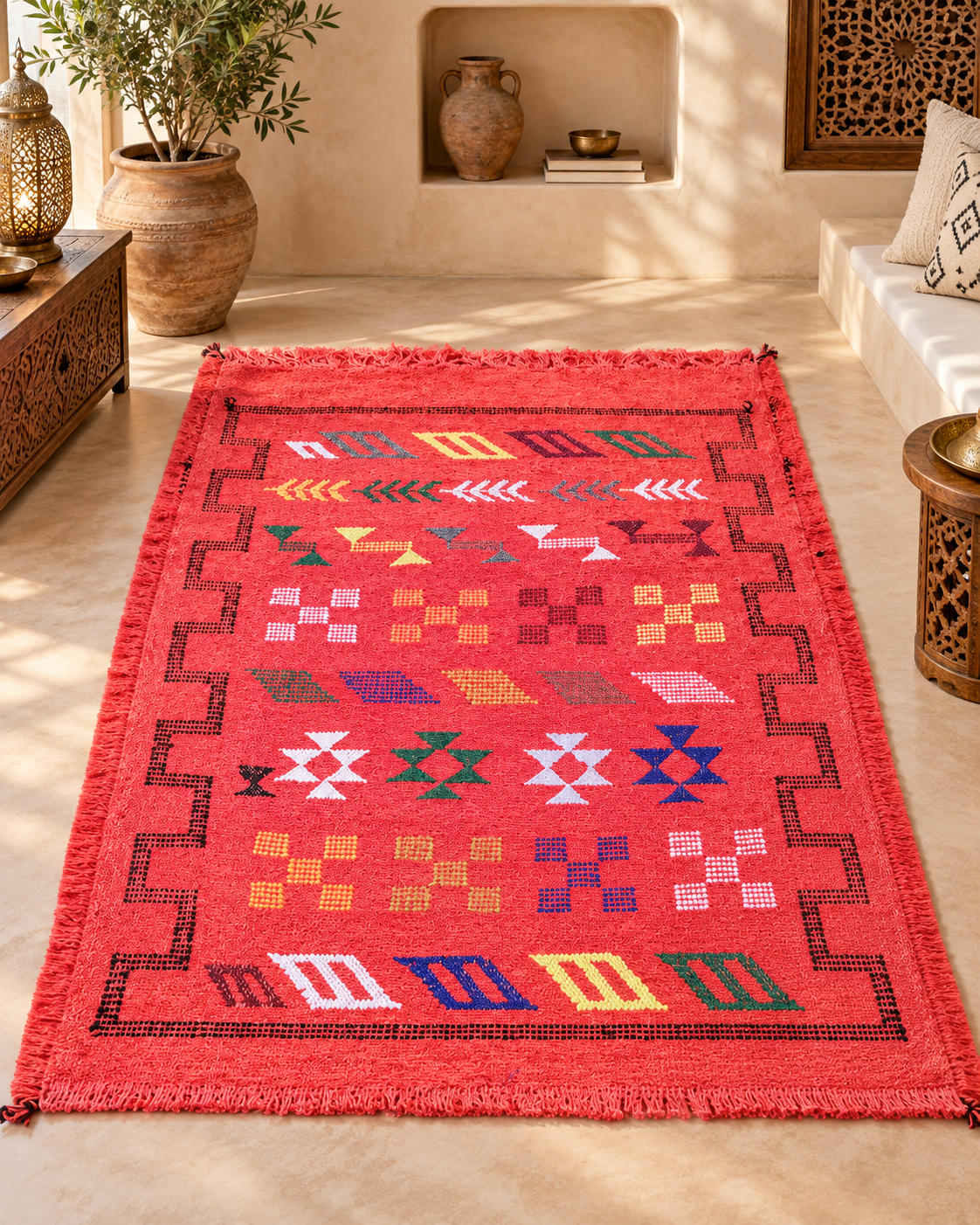 Coral Moroccan Berber Rug – Handmade Wool Carpet with Colorful Tribal Patterns