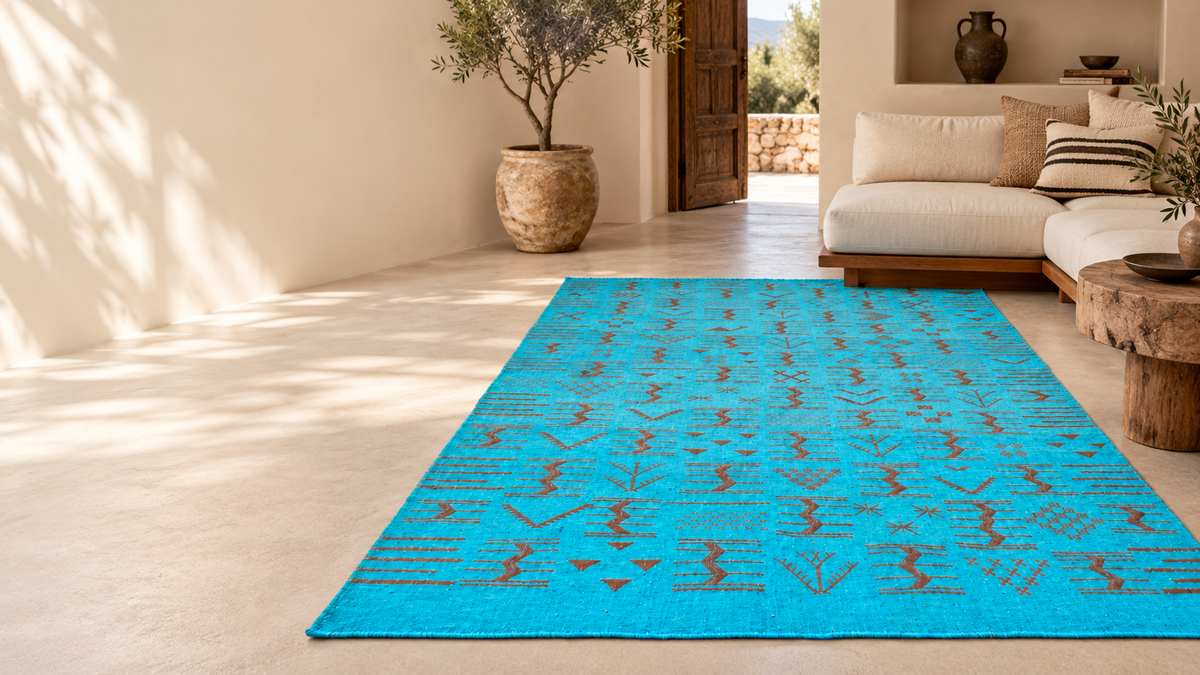 Tapis Berbère Turquoise Azilal – Motifs Tribaux Marocains Faits Main