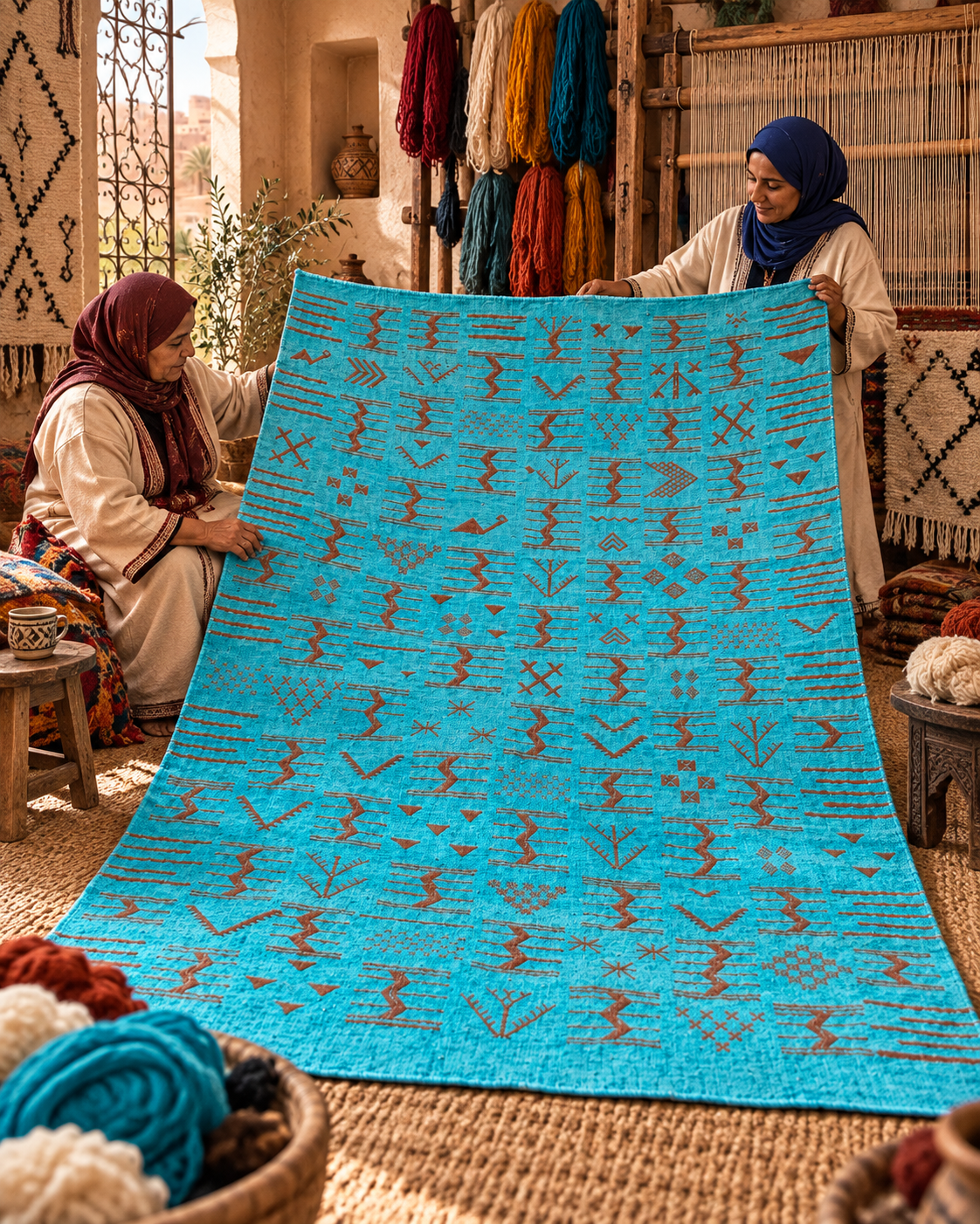 Tapis Berbère Turquoise Azilal – Motifs Tribaux Marocains Faits Main