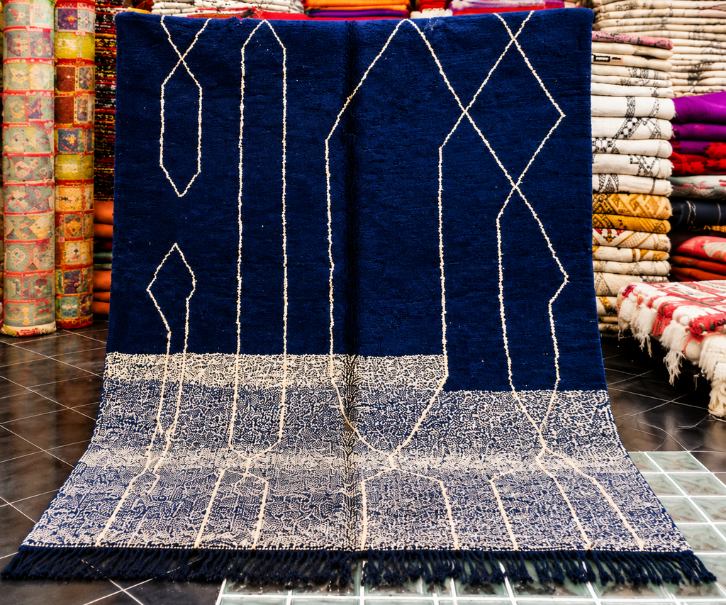 Midnight Blue Moroccan Beni Ourain Rug – Handmade Wool Carpet with Modern Berber Geometric Design