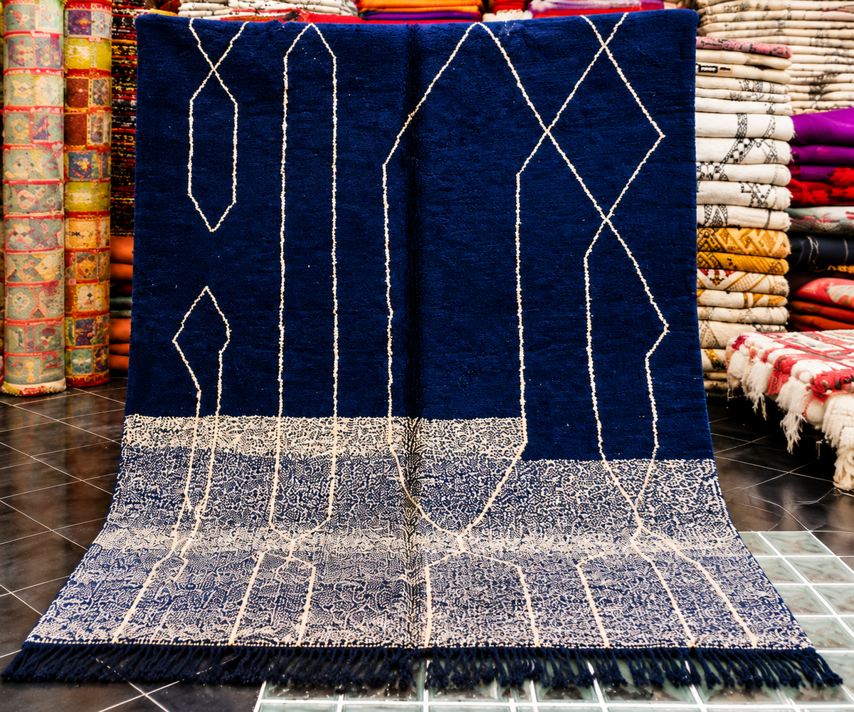 Midnight Blue Moroccan Beni Ourain Rug – Handmade Wool Carpet with Modern Berber Geometric Design
