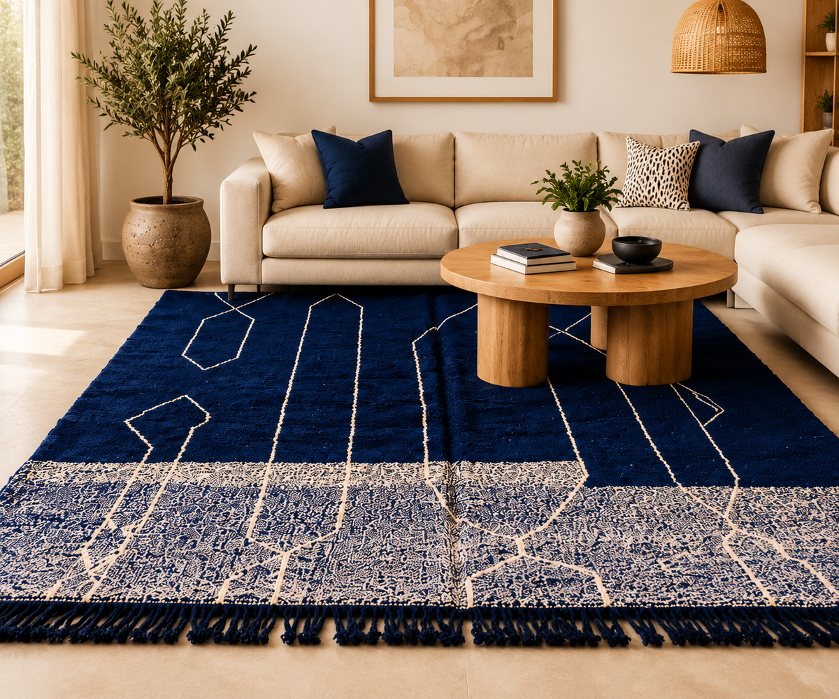 Midnight Blue Moroccan Beni Ourain Rug – Handmade Wool Carpet with Modern Berber Geometric Design