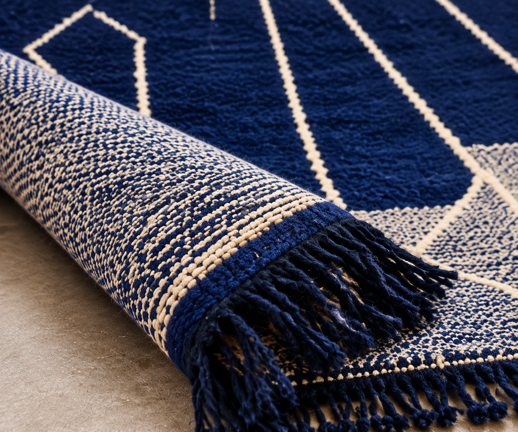 Midnight Blue Moroccan Beni Ourain Rug – Handmade Wool Carpet with Modern Berber Geometric Design