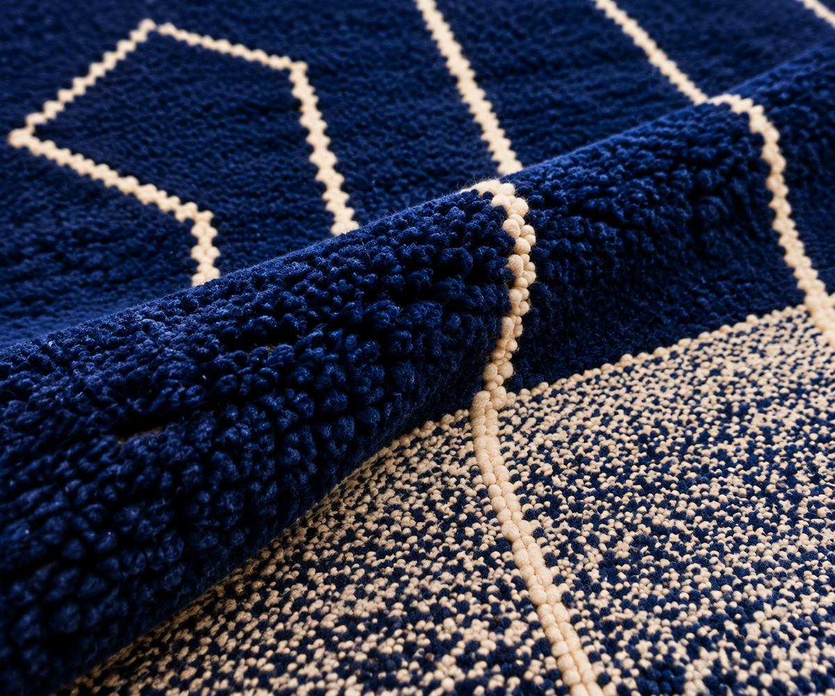 Midnight Blue Moroccan Beni Ourain Rug – Handmade Wool Carpet with Modern Berber Geometric Design